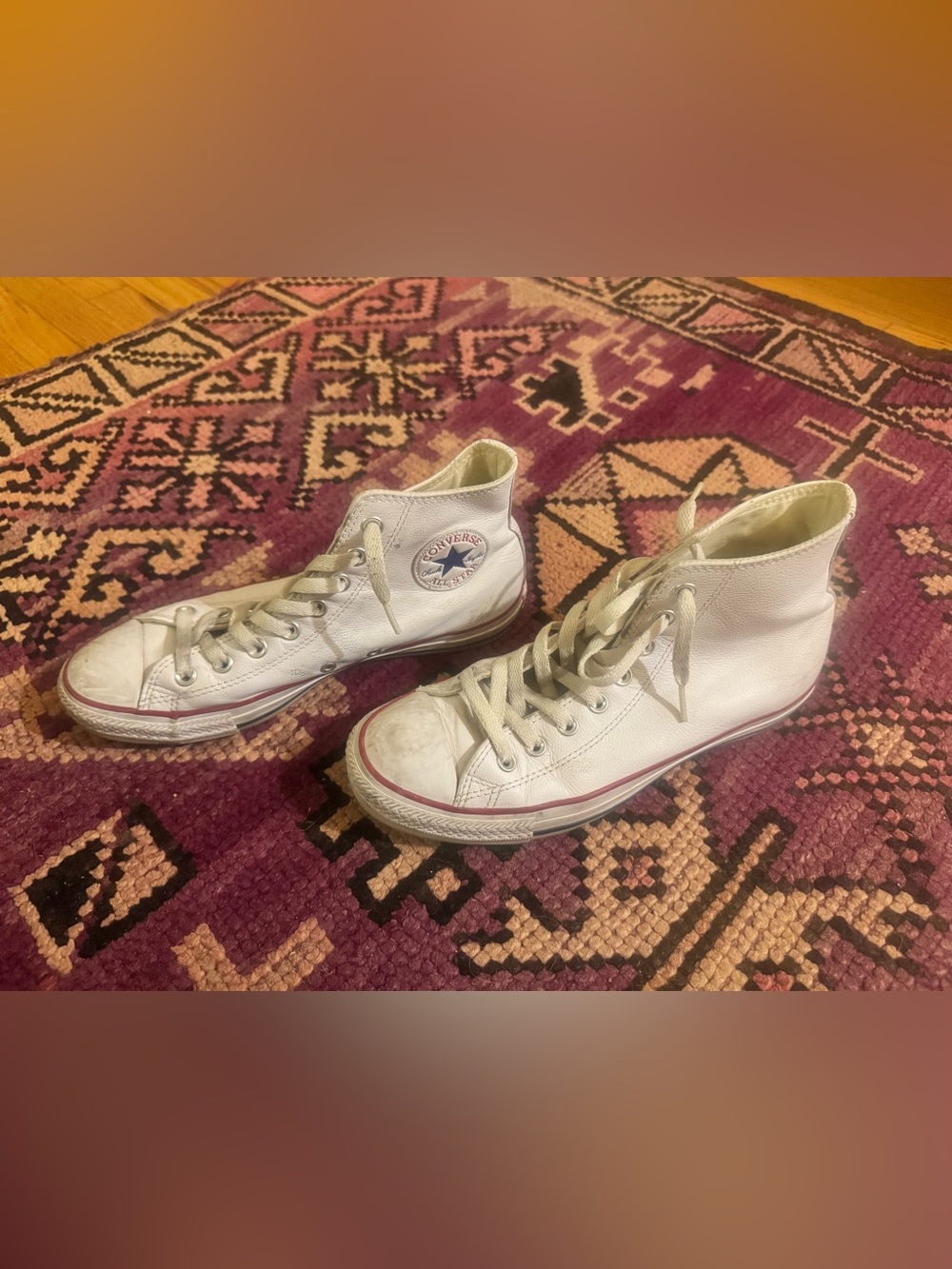 Converse White High Top Sneakers with Red & Blue Trim. Size 9.5